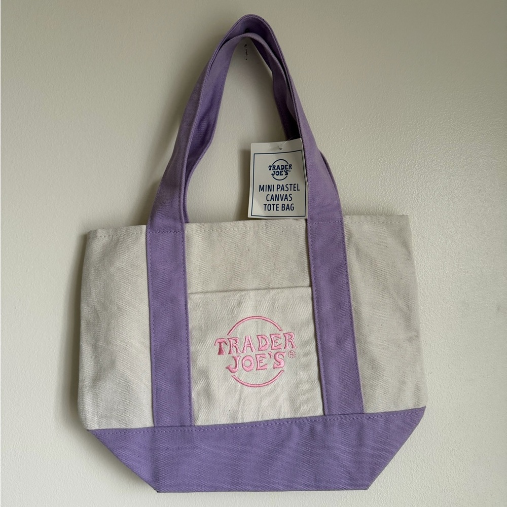NWT Trader Joe's Mini Pastel Canvas Tote Bag Lavender and Pink